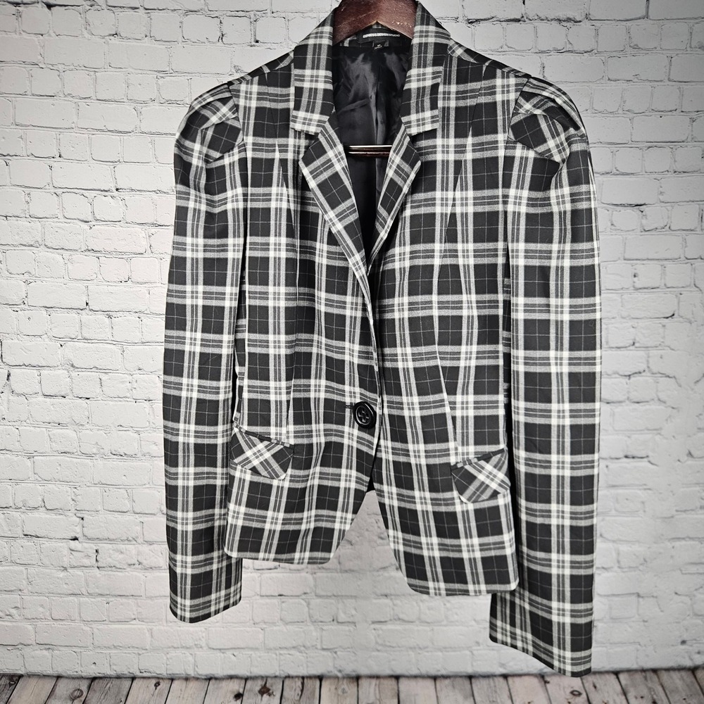 Express Design Studio Womens‎ Plaid Blazer Black White Puff Shoulder Size 10